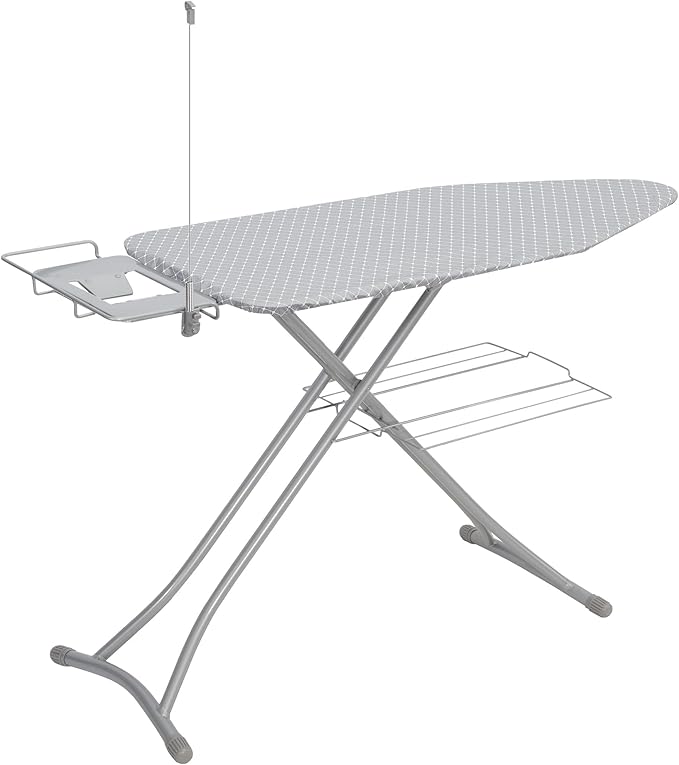 STO STO Ironing Board 48" x 18" with Iron Holder, Cord Holder and Clothes Rack, Adjustable Height 27" to 37", Full Size Foldable Iron Board with Silver Coated Cotton Removable Cover, Gray Checkered