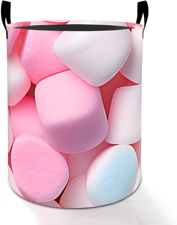 Marshmallow Laundry Basket Hamper for Boys Girls Kids Adults, Foldable Waterproof Oxford Clothes Storage Bin, Pink Candy Organizer for Bedroom Bathroom Room Decor 19.7"x15.8"
