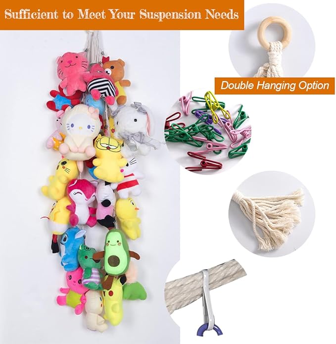 Stuffed Animal Storage Chain 78inch Hanging Stuff Animals Organizer with 20 Clips Macrame Wall Toy Storage Decor for Bedroom Display