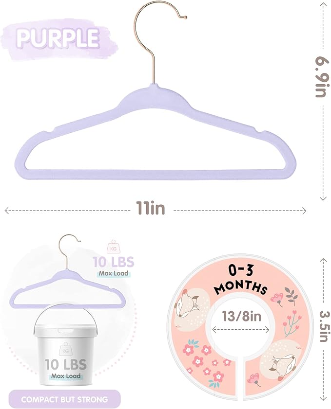 VIS'V Baby Hangers, 11 Inch Velvet Kids Hangers with 6 Pcs Clothes Size Dividers, Infant Toddler Nursery Closet Organization, Non Slip, Lavender, 30 Pcs