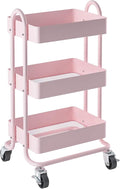3-Tier Utility Rolling Cart,Kitchen Storage Carts with Wheels,Pink Metal Rolling Cart for Office,Home,Kitchen,Garden（13.4"x18.1"x31"） Pink