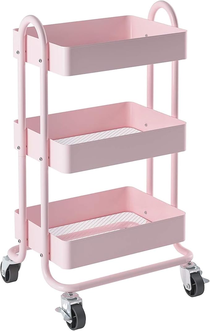 3-Tier Utility Rolling Cart,Kitchen Storage Carts with Wheels,Pink Metal Rolling Cart for Office,Home,Kitchen,Garden（13.4"x18.1"x31"） Pink