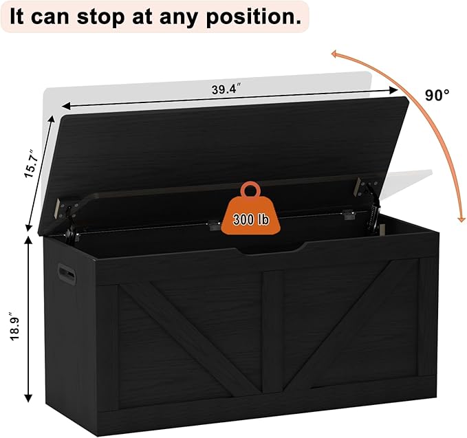 39.4" Storage Chest, Wooden Storage Bench, Large Storage Trunk with 2 Safety Hinges, Entryway Shoes Bench for Living Room, Bedroom, Black
