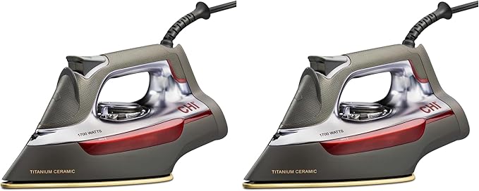 CHI Steam Iron for Clothes with 300+ Holes for Powerful Steam ing,Temperature Guide Dial,1700 Watts,XL 10’ Cord,3-Way Auto Shutoff,Titanium Infused Ceramic Soleplate,Silver (13101),(Pack of 2)