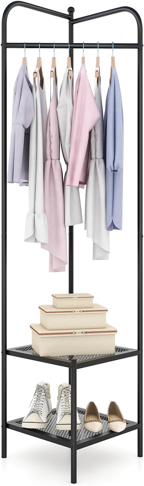 Tangkula Corner Coat Rack with Storage, Simple Hall Tree with Hanging Rod & 2 Mesh Shelves, Anti-toppling Devices, Freestanding Metal Clothes Rack Shoes Shelf Organizer for Entryway Bedroom (Black)