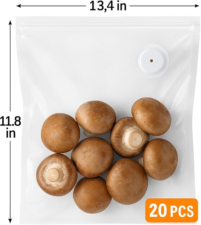 Vacuum sealer bags for food,reusable vacuum seal bags, storage bags vacuum sealed with air valve, double zipper. (13.4 * 11.8inch) 20pcs.