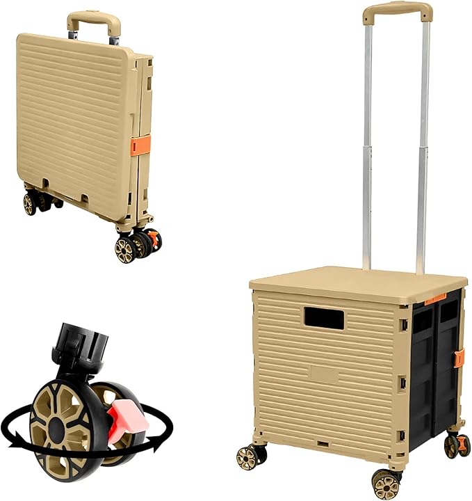 FELICON SELORSS Foldable Utility Cart Folding Portable Rolling Crate Handcart with Durable Heavy Duty Plastic Telescoping Handle Collapsible 4 Rotate Wheels for Travel Shop Move Luggage Office(Khaki