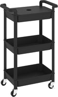 MIOCASA Utility Rolling Cart with Cover Top Board, 3-Tier Kitchen Storage Organization, Art Cart with Wheels for Office, Classroom, Livingroom, Kitchen, Bathroom (Black, 3-Tier-Plastic)