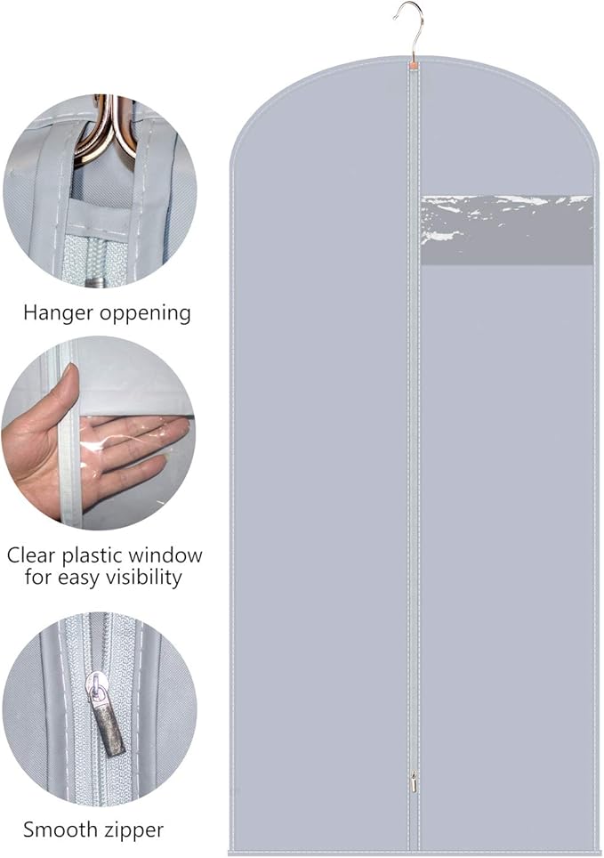 60-Inch Extra Long Garment Bags (3-Pack) - Heavy-Duty PEVA Suit & Dress Covers with Metal Zipper, Clear Window, Foldable for Closet & Travel Storage