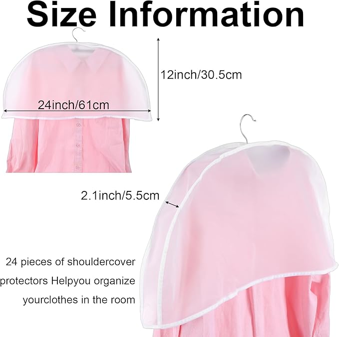 24 Pcs Garment Covers for Hanging Clothes, 24 x 12 x 2 Inches Plastic Shoulder Cover Dust Covers Clothes Protectors Breathable with 2 Inch Gusset for Closet Storage Suit Coats Jackets Dress