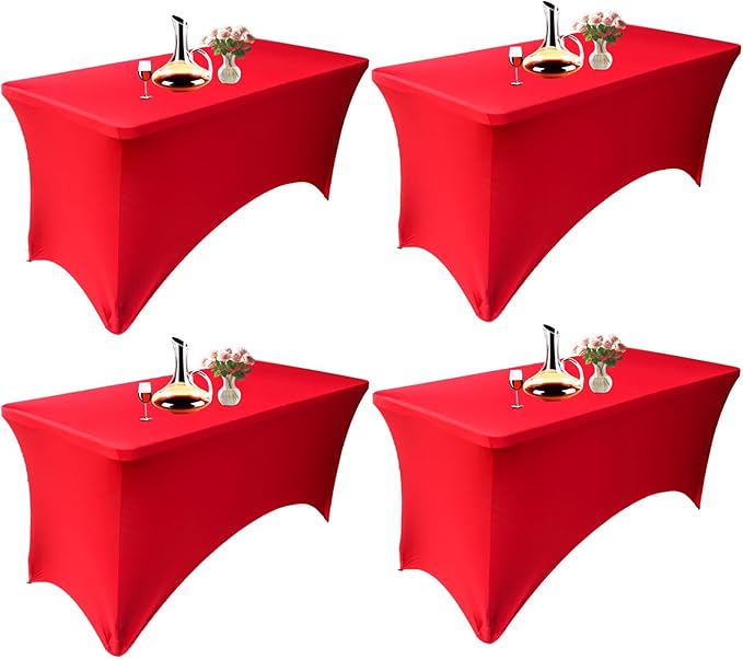 4 Pack - Elegant Red Stretch Spandex Table Cover (48Lx24Wx30H Inches), Non-Iron Fitted Tablecloth for 4-Foot Rectangular Folding Tables -Ideal for Banquets, Weddings & Festivals