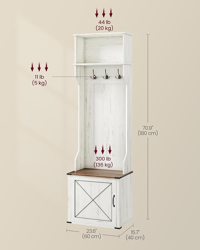VASAGLE Hall Tree with Bench and Shoe Storage, Coat Rack with Shoe Bench, Entryway Furniture, 3 Tri-Hooks, Door with Handle, Farmhouse Style, Space Saving, Rustic White and Honey Brown UHSR441W01V1