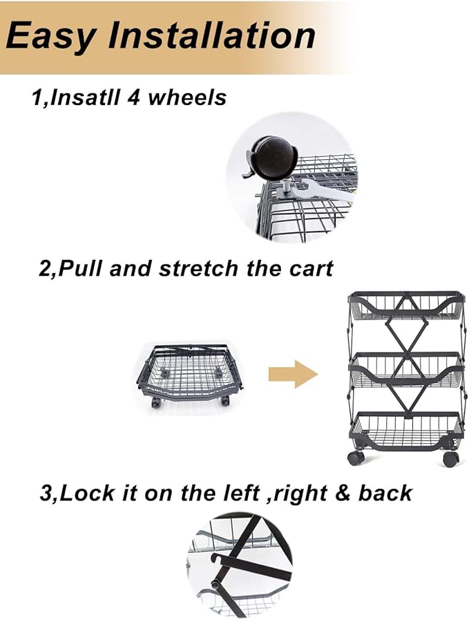 Rolling Kitchen Cart Utility Storage Stand with Wheels for Bathroom Laundry Room, Toilet, Snack & Fruit Basket for Small Spaces Organizers, Shelf 3 Tiers