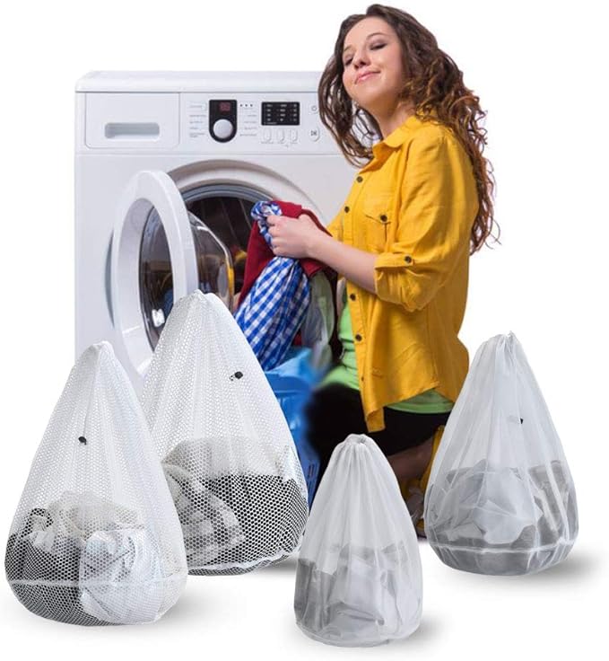 Mesh Laundry Bags, Pack of 4 Durable Drawstring Laundry Washing Bags for Delicates, Garments, Lingerie, Socks, Bras and Baby Clothes(White)
