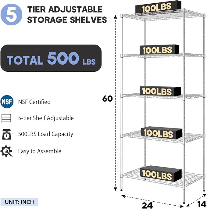 YRLLENSDAN 5 Tier Metal Shelving Unit, Heavy Duty Wire Shelves, Adjustable Storage Rack for Kitchen, Garage Shelving, Pantry Shelves, Storage Shelves Organizer, 24" W x 14" D x 61" H, Chrome