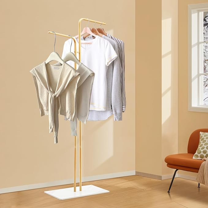 67in-Gold Clothing Rack with Base, Double Rod Freestanding Coat Rack Hanging Clothes, Bags, Hat and Shoes for Entryway Bedroom Garment Organizer, Clothing Stores Boutique Retail, Studio
