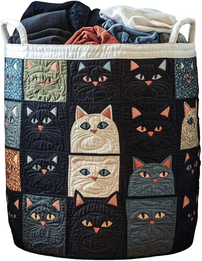 Quilted Laundry Basket with Handles, Boho Floral Fabric Storage Hamper, Large Soft Quilted Laundry Basket for Nursery, Bedroom, Laundry Room,Clothes & Toys (Cat Pattern B, S)