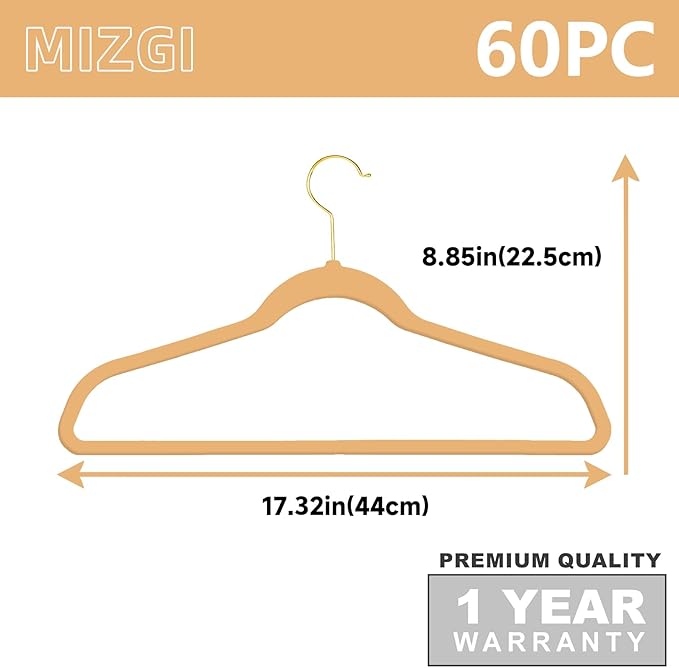 MIZGI Camel Velvet Hangers 60 Pack,Premium Gold Clothes Hangers Non-Slip Felt Hangers,Sturdy Camel Heavy Duty Coat,Durable Suit Hanger for Space Saving, No Flocked Hanger Marks