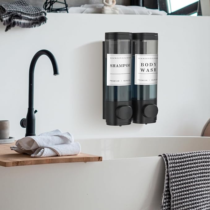 Shower Soap Dispenser Shampoo and Conditioner Dispenser 2 Chamber No Drill Wall-Mounted Shampoo Dispenser for Shower Wall Mounted Shower Dispenser for Bathroom Hotel Large Capacity,Black
