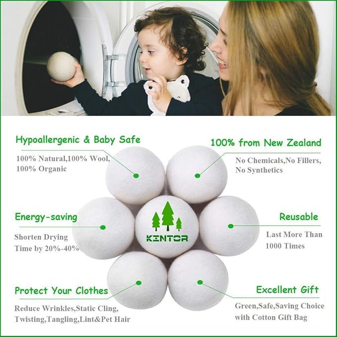 KINTOR Wool Dryer Balls XL 6 Pack 2.95", 100% New Zealand Wool Organic Fabric Softener, Hypoallergenic Baby Safe & Unscented, Chemical Free to Reduce Wrinkles & Static Cling, Shorten Drying Time