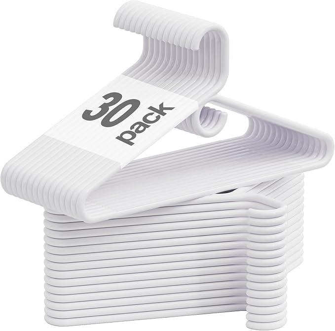 Heavy Duty Plastic Hangers 30 Pack, White Plastic Hangers for Standard Size Clothes with Hook & Non-Slip Pants Bar for Shirts, Pants, Coat, Dresses, Jackets, Scarves and Belts