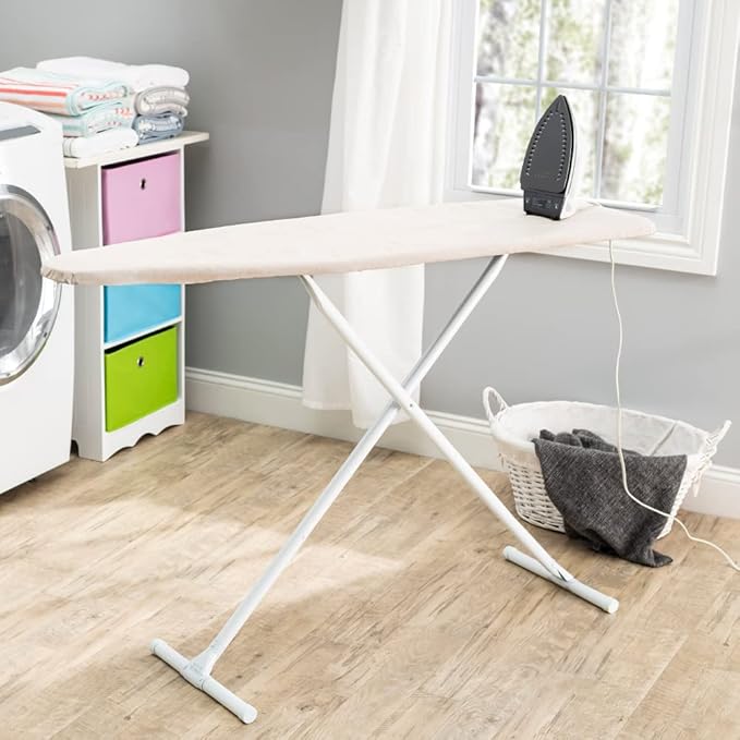 Full Size Ironing Board with Cover & Pad – Made in USA by Seymour Home Products Adjustable Steel T-Legs, 35" High Perforated Top for Steam Durable Iron Board for Home, Laundry Room (Beige)