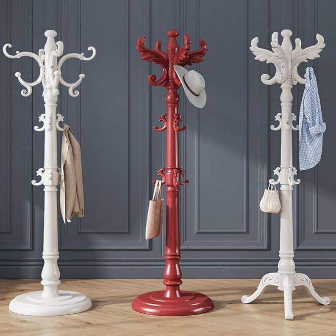 CraftThink Pine Coat Rack, Free Standing Tree Hanger Coat Tree for Clothes, Hats, Bags, Purses, with Double Prong Hooks, for Entryway, Hallway, Bedroom (Round Base 16" L x 16" W x 70" H, Red)