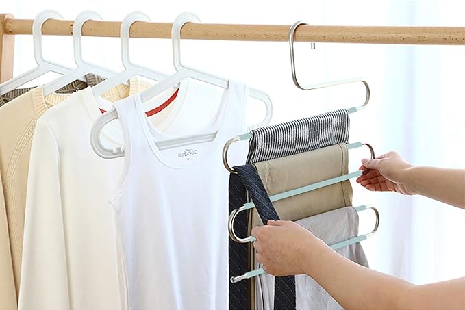 Devesanter Space-Saving Non-Slip S-Shape Trousers Hangers - 6 Pack Stainless Steel Closet Storage Organizer for Pants, Jeans & Scarves - Green