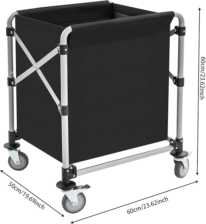 Commercial Laundry Cart, Laundry Basket with 360° Swivel Casters, Folding Laundry Cart Hamper on Wheels Heavy Duty Steel Frame 220 lbs Capacity Large Rolling Laundry Baskets Trucks (Black)