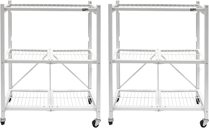 Origami 2-Pack General Purpose Foldable 3-Tier Shelf Storage Rack & Wheels, R3, White