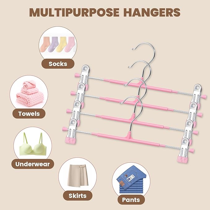 HUADYMEET 30 Pack 12Inch Pants Hangers with Clips,Metal Trouser Hanger for Jeans.Space Saving Skirt Hangers Heavy Duty Non-Slip Adjustable Clothes Shorts Hanger for Women,Men,Pink