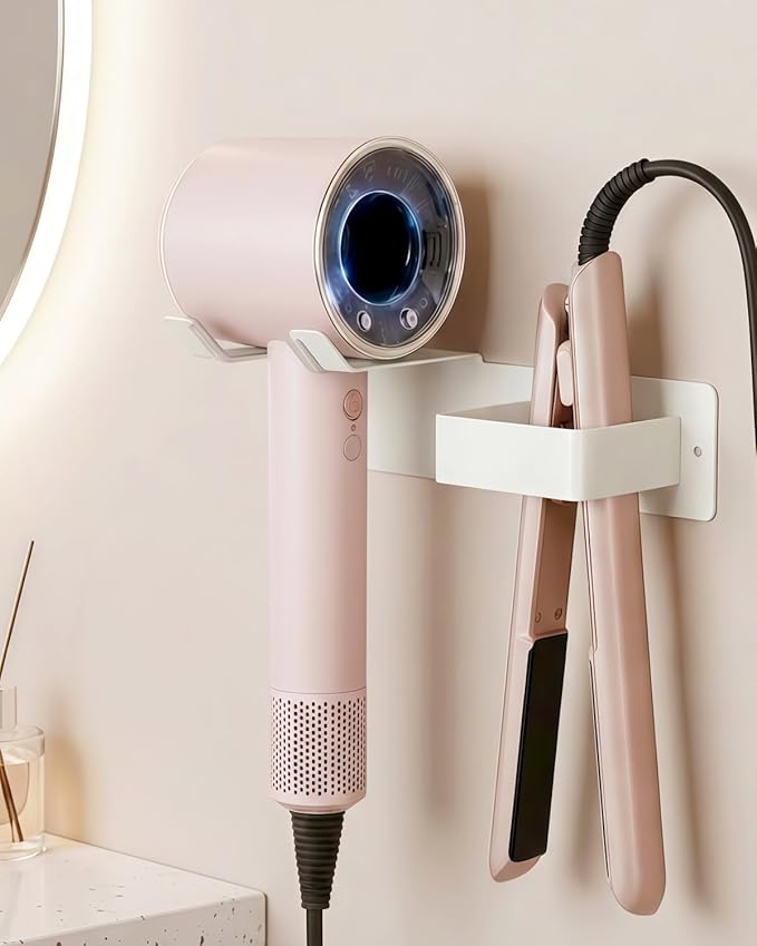 Hair Dryer and Straightener Holder, Upgraded Hair Straightener Holder with Cable Hook, Stainless Steel Universal Hair Dryer Wall Mount Waterproof for Bathroom Space-Saving White