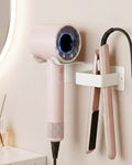 Hair Dryer and Straightener Holder, Upgraded Hair Straightener Holder with Cable Hook, Stainless Steel Universal Hair Dryer Wall Mount Waterproof for Bathroom Space-Saving White