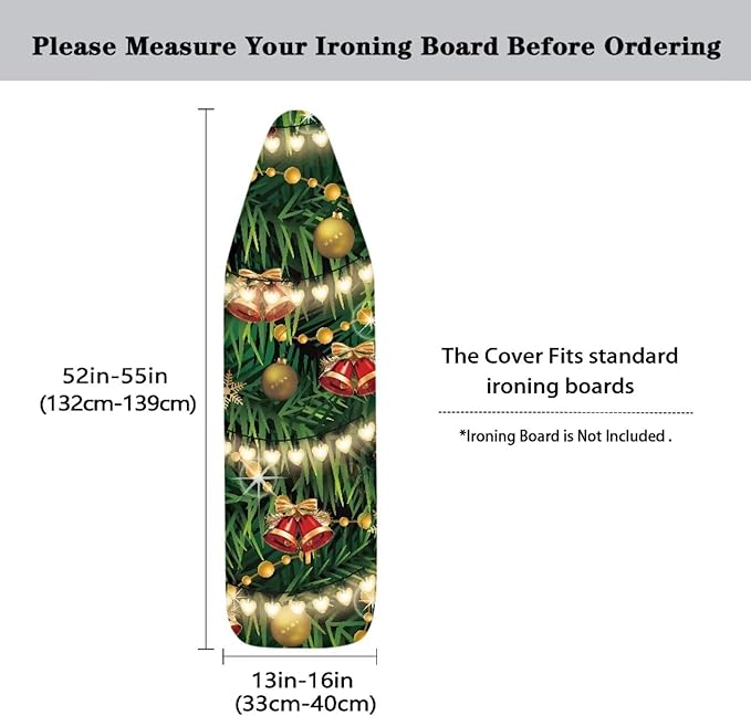 Christmas Lights Bells Scratches-Proof Cover Fits Standard Size Ironing Boards Heat Reflective Anti-Dirty Ironing Board Cover with 3 Hooks and Loops for 15 x 54 Boards Decor