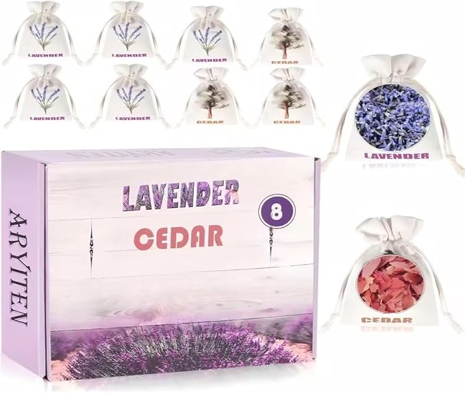8 Pack Cedar Chips and Natural Dried Lavender Sachets Bags - Stop Clothes Damage, Cedar and Lavendar Home Fragrance Sachets for Drawers and Closets（3 Cedar & 5 Lavender