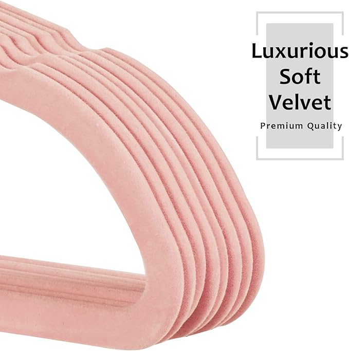 VECELO Premium Velvet Clothes Hangers Suit Heavy Duty (100 Pack)-Non Slip & Space-Saving with 12 Finger Clips & 2Tie Rack Excellent for Men and Women,Pink