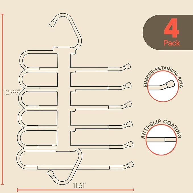 Space Saving Pants Hangers 4 Pack, 6 Layer Jeans Hangers and Closet Organizer for Jeans, Scarves, & Skirts, Multi-Layer Hanger with Anti-Slip Stopper, Heavy-Duty S-Type Stainless Steel, White