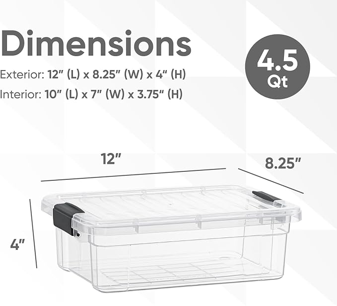 Superio Clear Plastic Storage Bins with Lid, 4.5 Quart Box, Organizing Containers, Stackable Plastic Tote for Home, Garage, Dorm, School, and Office