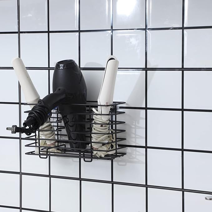 YCOCO Hair Dryer Holder - Wall Mount Metal Wire Organizer for Bathroom Hair Care Tools, Styling Tool Storage Basket for Dryers, Flat Irons, Curling Wands, Straighteners, Black