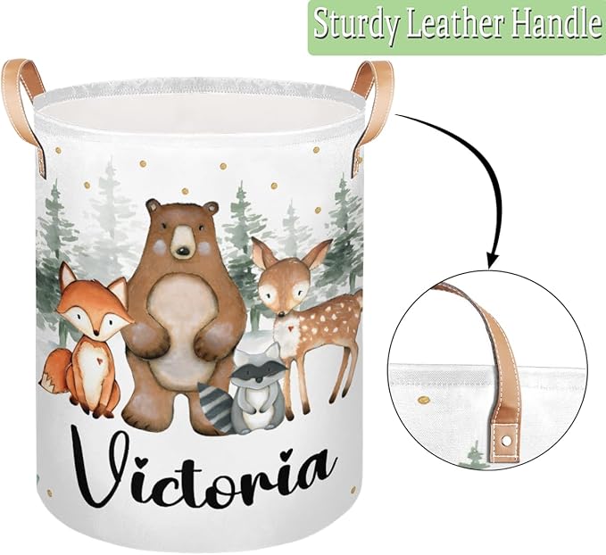 Personalized Laundry Basket, Custom Gift Laundry Hamper, Collapsible Nursery Waterproof Laundry Baskets, Dirty Clothes Toy Hamper with Handles Woodland Forest Animals
