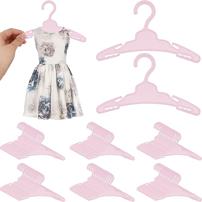 60 Pcs Doll Clothes Hangers for 18 inch Dolls,Pink Sturdy Non-Bend Non-Slip Clips Clothes Hanger Space-Saving Wardrobe Hanger for Girl Dolls Gown Dress Outfit Dollhouse Furniture Accessories
