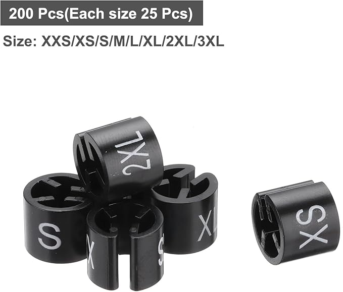 MECCANIXITY Clothes Hanger Marker XXS/XS/S/M/L/XL/2XL/3XL Size Tag Fit 3mm Rod Black for Garment Clothing Color Coding, 200Pcs
