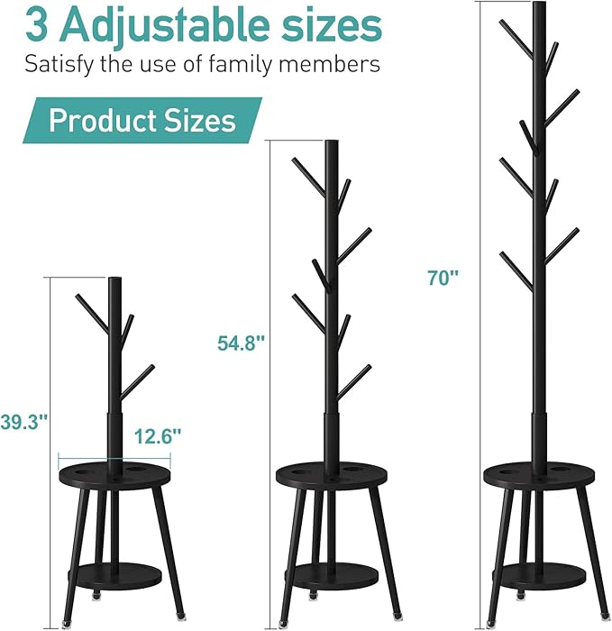 Coat Rack, Bamboo Wood Coat Freestanding with Umbrella Holder, Adjustable Height Coat Stand with 8 Hooks, kids coat rack, Used In The Bedroom Living Room, Office To Hang Clothes, Hats, Bags (Black)