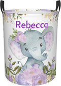 Purple Floral Elephant Personalized Laundry Hamper Custom with Name Collapsible Waterproof Storage Basket with Handles for Bedroom Clothes Toys.