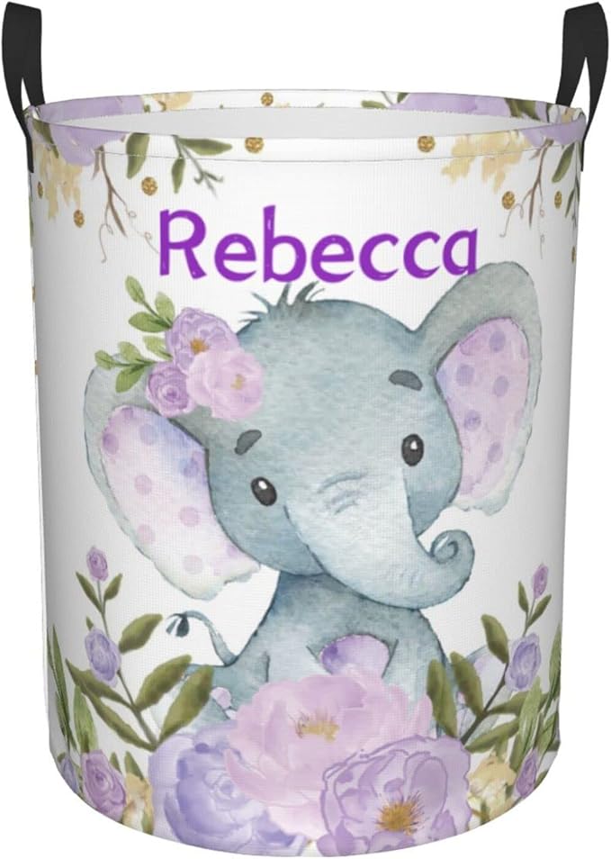Purple Floral Elephant Personalized Laundry Hamper Custom with Name Collapsible Waterproof Storage Basket with Handles for Bedroom Clothes Toys.