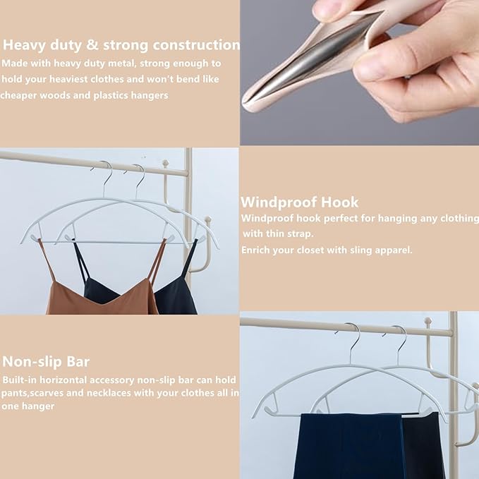 Metal Hangers with Non-Slip Rubber Coating, No Shoulder Bumps, Contour Design with Pants Bar for Sweaters & T-Shirts, White, 16.5 Inch, Pack of 10