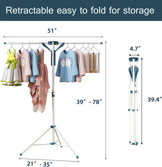 Clothes Drying Racks, Height-Adjustable 52 Inches Updated Version,Stainless Steel for Indoor Outdoor,Length Adjustable Saves Space,with 20 Windproof Hooks (Tripod Rack, 52")