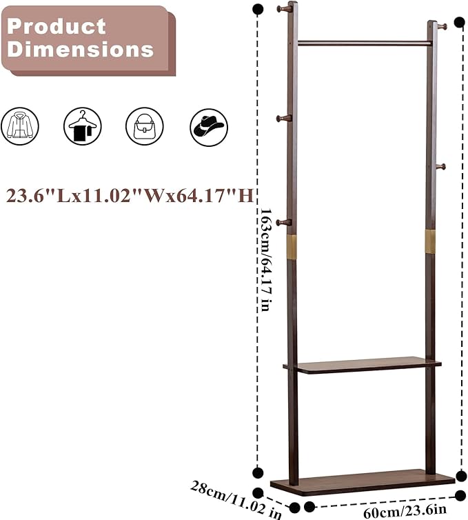 Clothes Rack Solid Wood Coat Rack with Shelves and Hooks – Garment Clothing Rack Coat Rack with Storage for Hallway, Bedroom, Living Room, 23.6 inch, Walnut