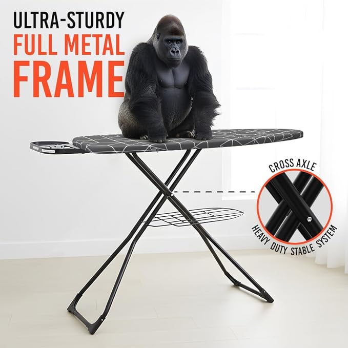 Xabitat Extra Wide Ironing Board 60" X 20" with Wheels & Wall Mount Hanger | Full Metal Iron Board | Built in Iron Caddy | Heat & Scorch Resistant Cover| Heavy Duty | Wide Leg