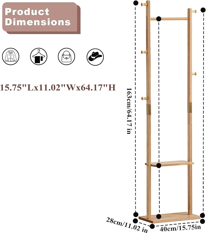 Clothes Rack Solid Wood Coat Rack with Shelves and Hooks – Garment Clothing Rack Coat Rack with Storage for Hallway, Bedroom, Living Room, 15.75 inch, Nature